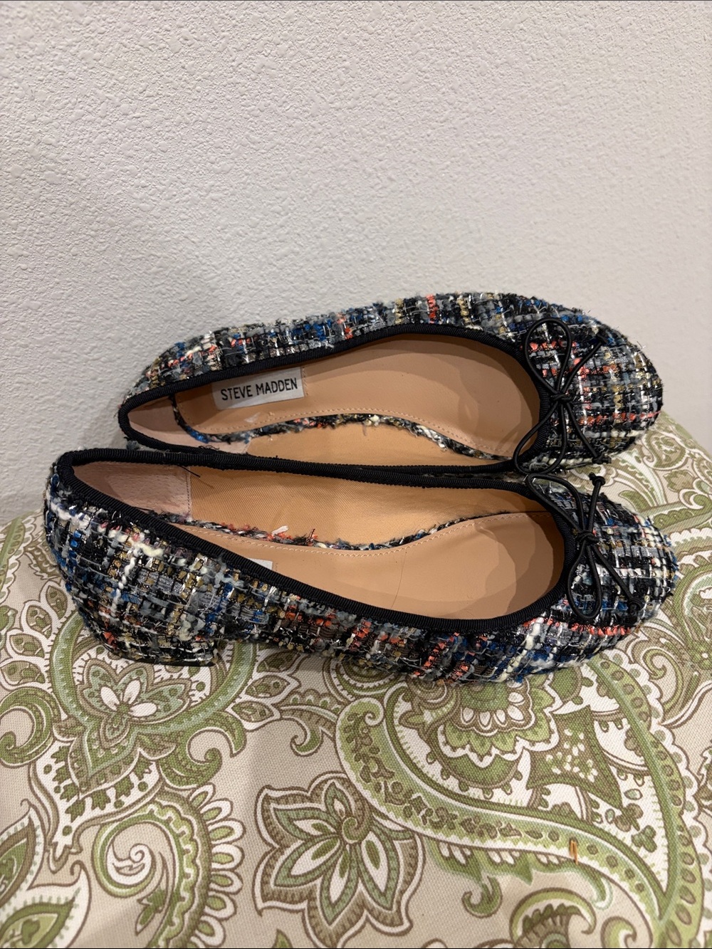 Steve Madden Tweed Ballet Flats in Navy, Black, White, and Red Accents
